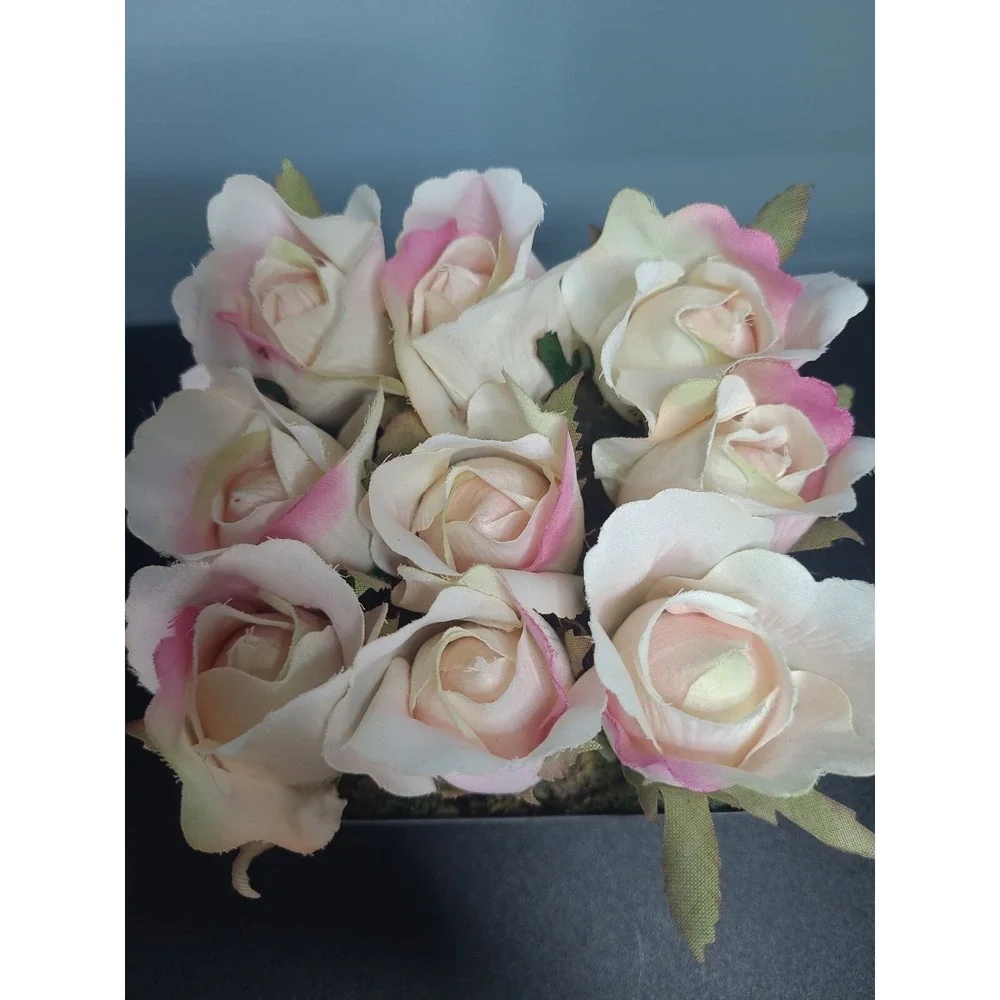 Vintage Artificial 9‎ Pink Roses Arrangement In Metal Basket